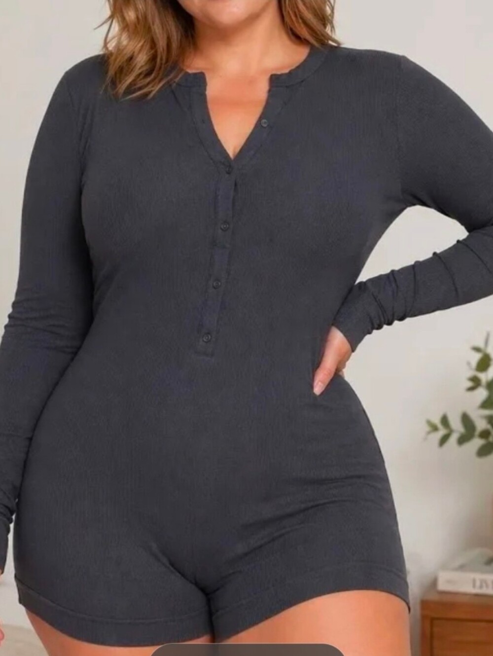 Skims Soft Louge Henley Romper Onesie - Graphite